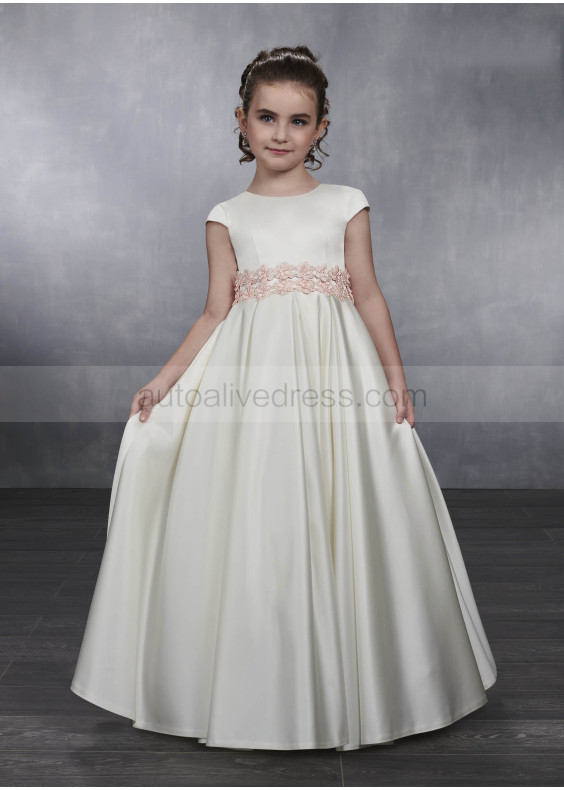 Cap Sleeve Ivory Satin Corset Back Floral Waist Flower Girl Dress